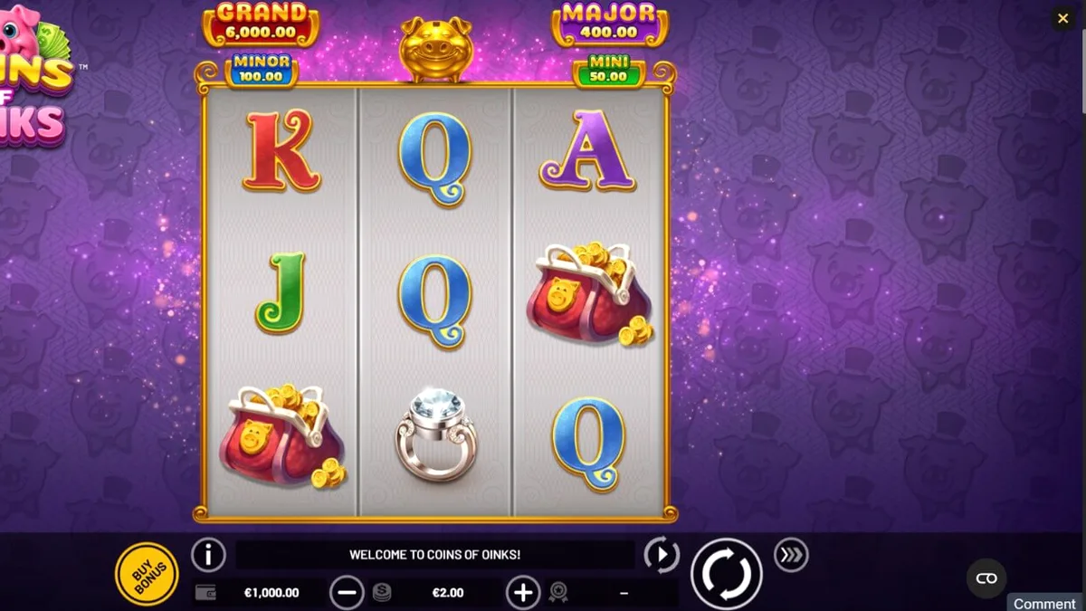 Interface do jogo de slot Coins of Oinks com porcos luxuosos e moedas de ouro